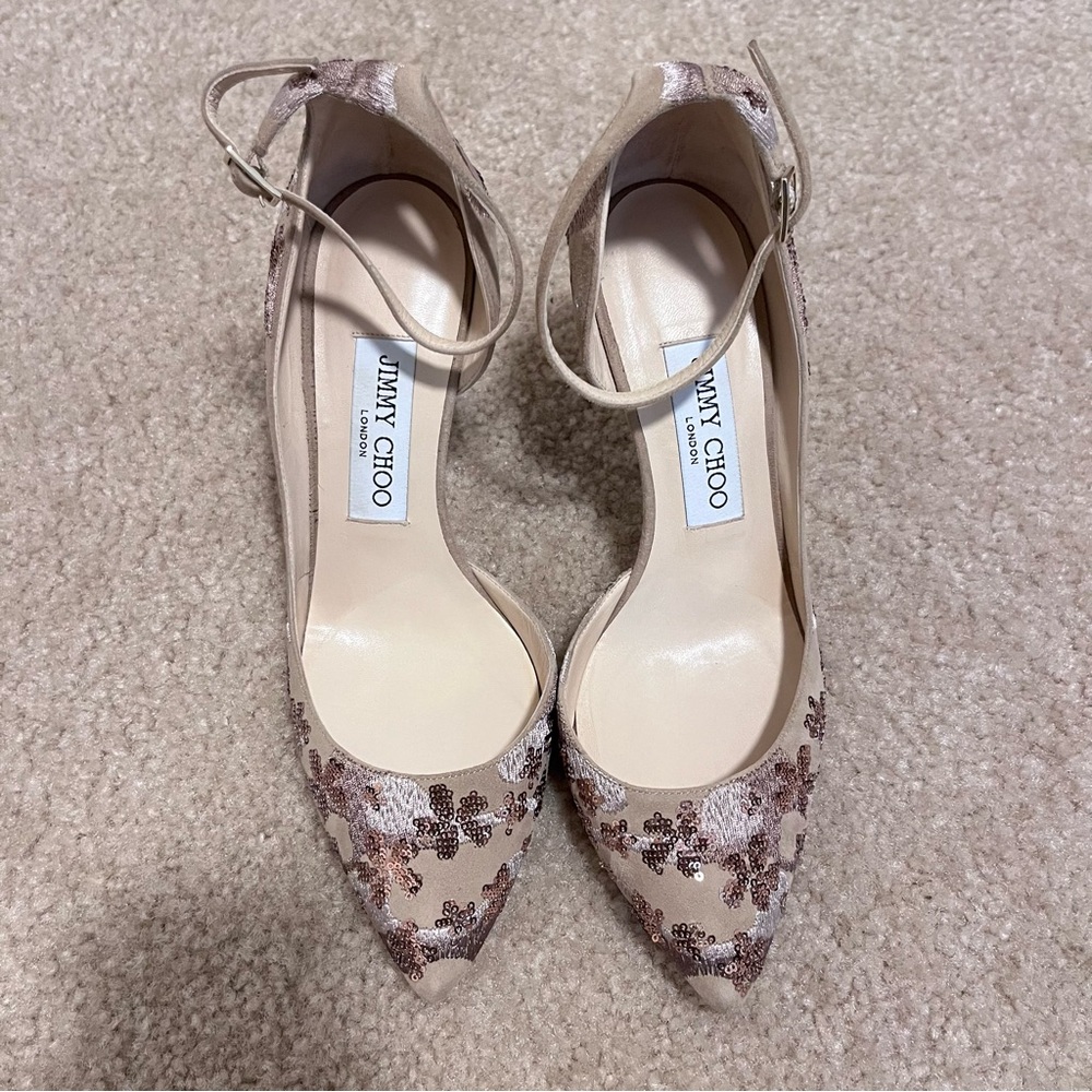 Jimmy Choo Lucy D’Orsay Beige Sequin Heels